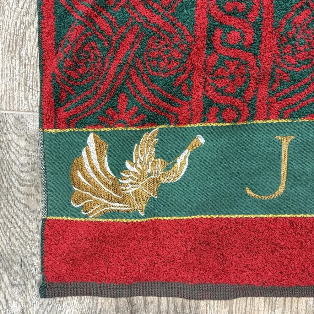 Vtg Santens Christmas Holiday Bath Towel Embroidered Joy Red Green Jacquard MCM